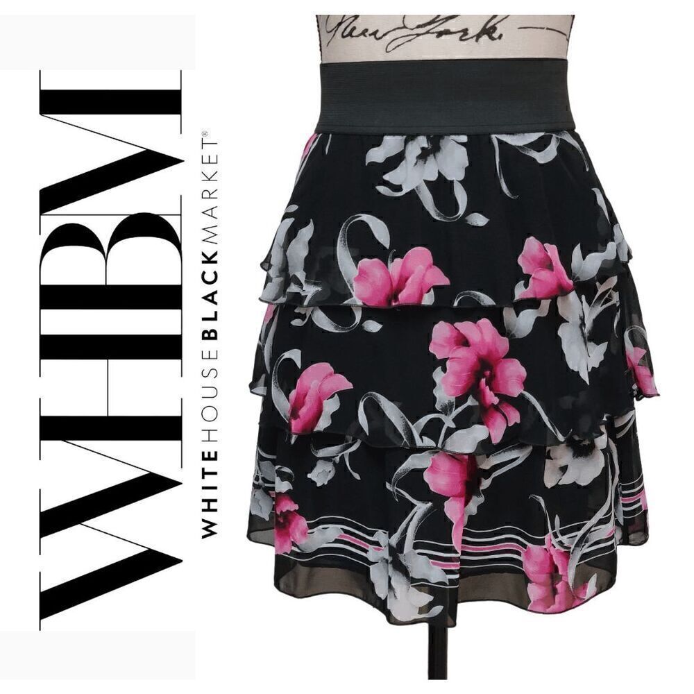 🌸 WHITE HOUSE BLACK MARKET Black Floral Ruffles Elastic Waist SIZE XS
